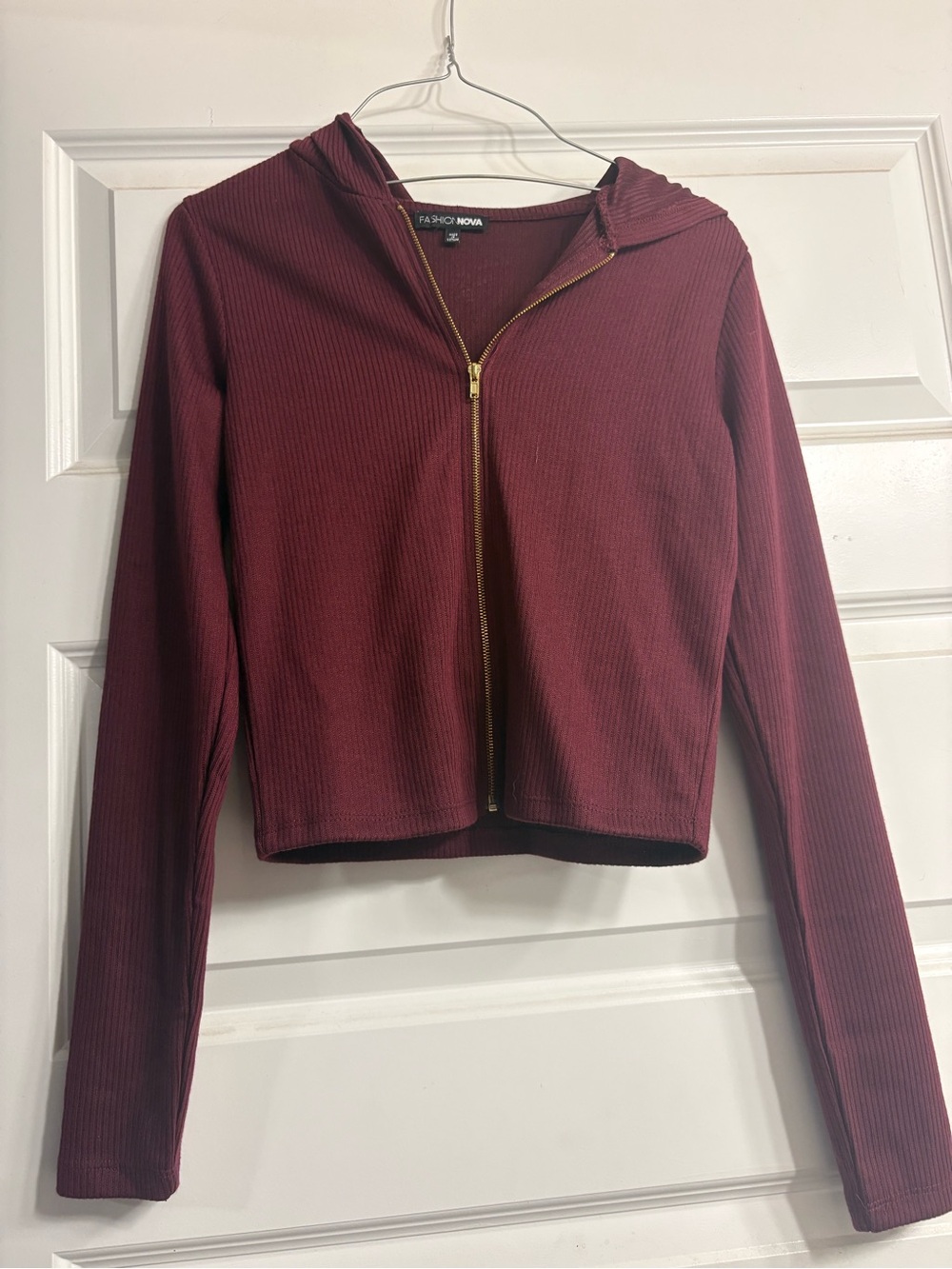 Fashion Nova Burgundy Ribbed Zip Hoodie